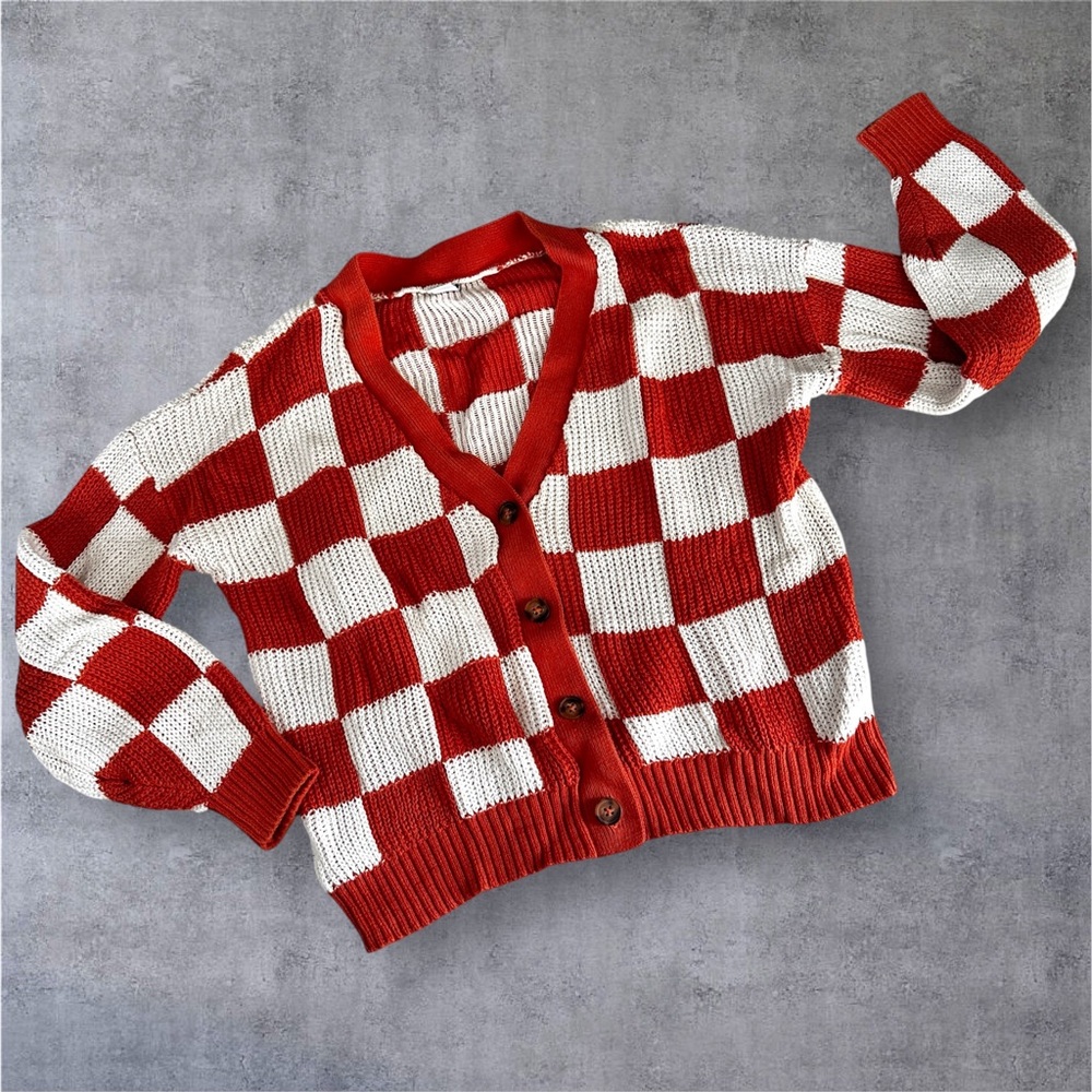 5x$25 Old Navy Orange Brick and White Checkered Knit Cardigan Sweater, 10